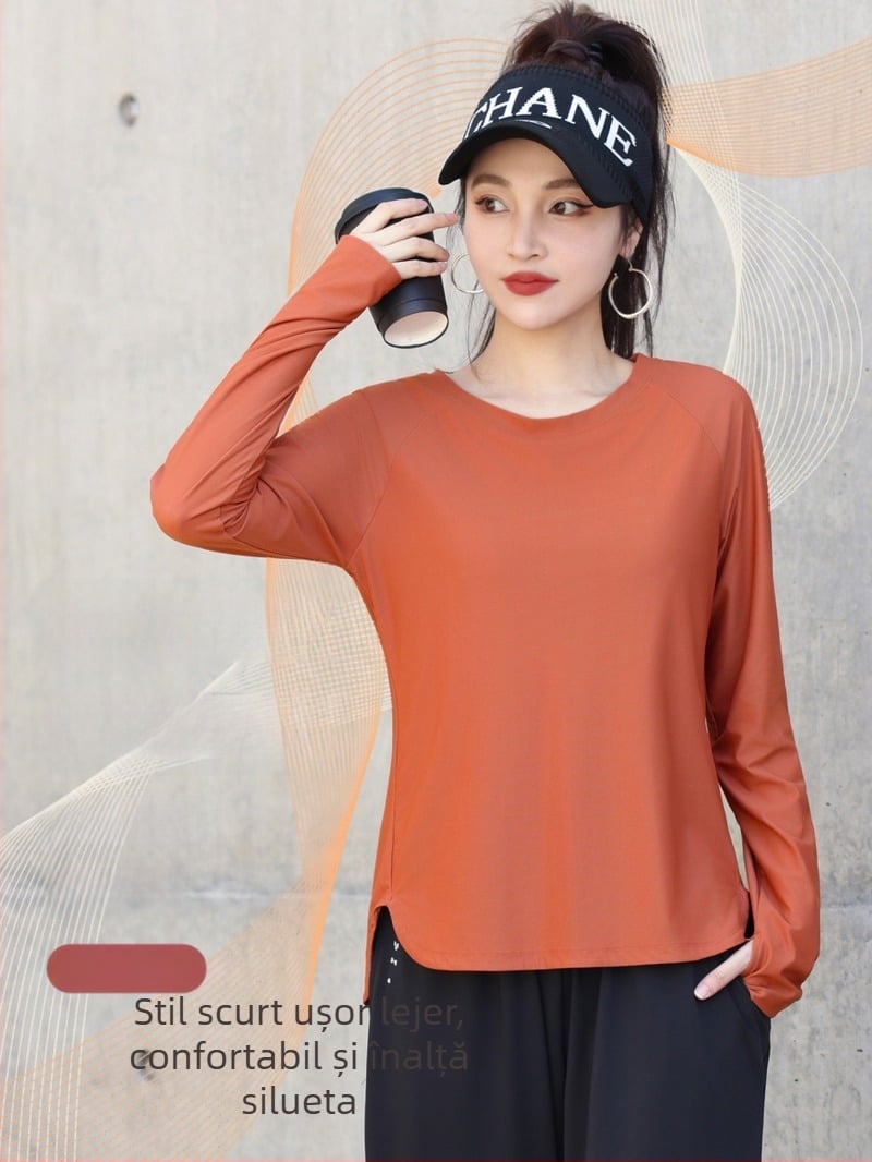 Tricou de fitness pentru femei de mărime mare, mâneci lungi, guler rotund, uscat rapid, top de yoga