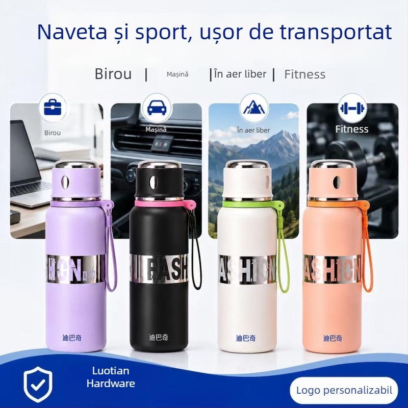 Sticlă izolată din oțel inoxidabil 316, cu capac și curea, mare capacitate – sticlă sport pentru studenți, pentru băut direct și infuzarea ceaiului