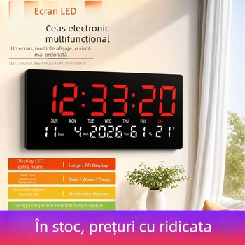 Ceas digital LED de perete cu calendar perpetuu și alarmă, montat pe perete, stil modern chinezesc.