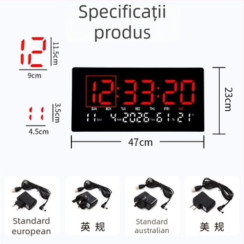 Ceas digital LED de perete cu calendar perpetuu și alarmă, montat pe perete, stil modern chinezesc.