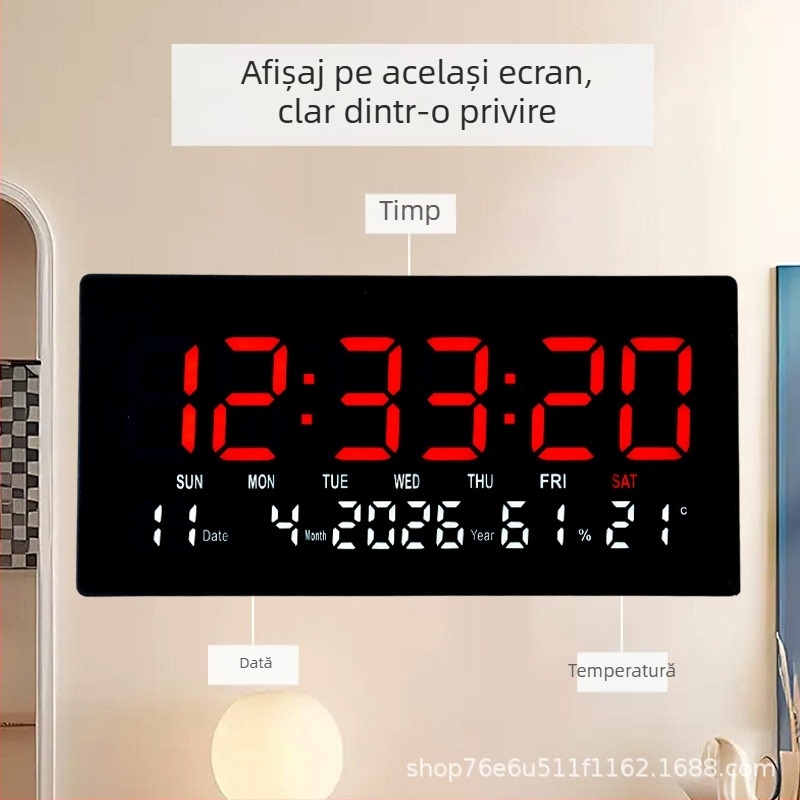 Ceas digital LED de perete cu calendar perpetuu și alarmă, montat pe perete, stil modern chinezesc.