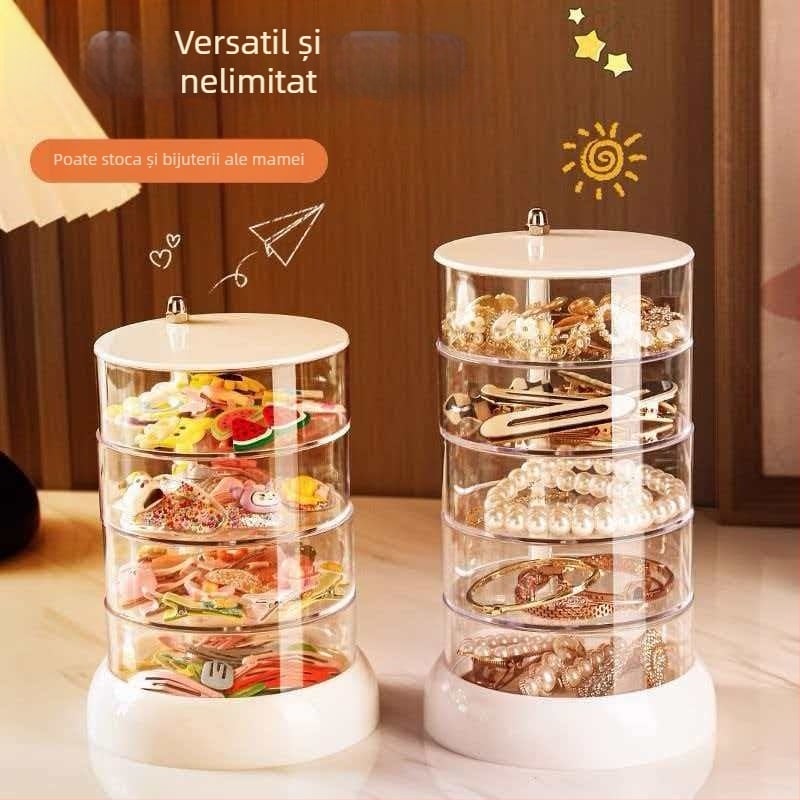 Cutie transparent rotativă pentru bijuterii, organizator multistrat pentru discuri demachiante și bureți de machiaj