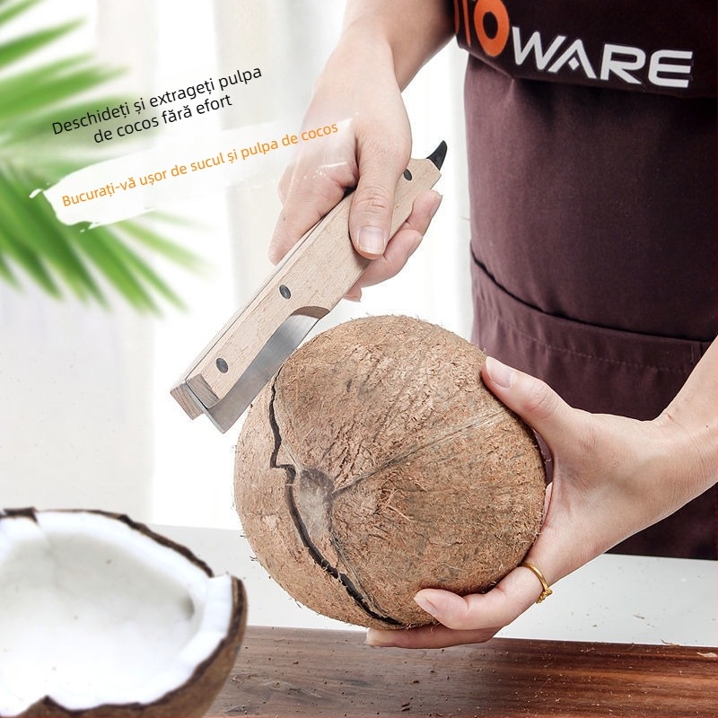 Instrument de deschidere a nucilor de cocos, cu lamă pentru extragerea pulpei