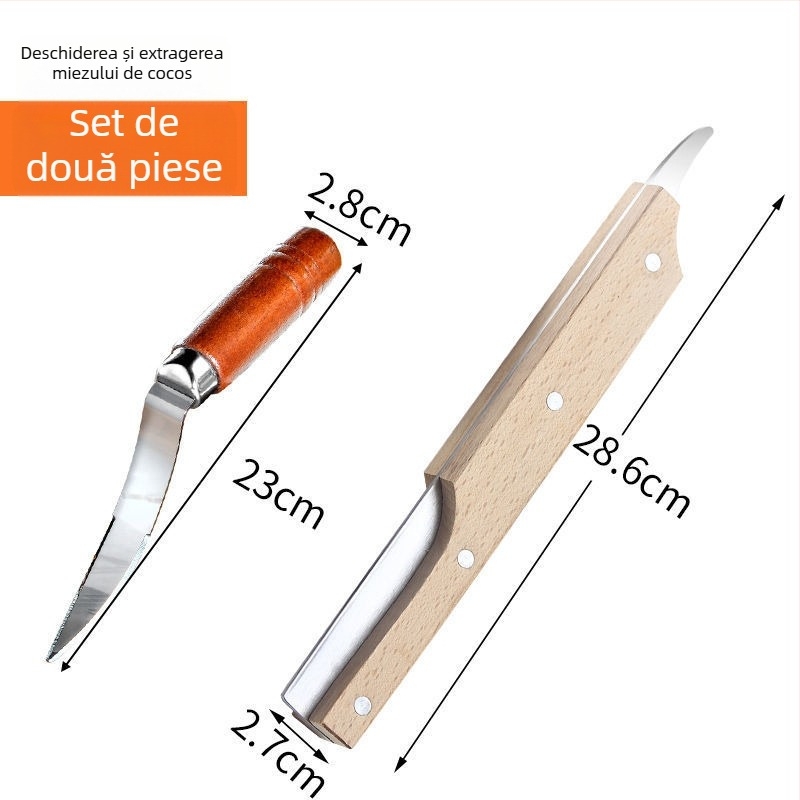 Instrument de deschidere a nucilor de cocos, cu lamă pentru extragerea pulpei