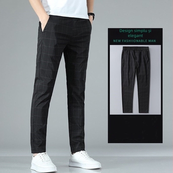 Pantaloni casual bărbați în carouri, vară 2024, croială lejeră, drepti, stil coreean, business casual