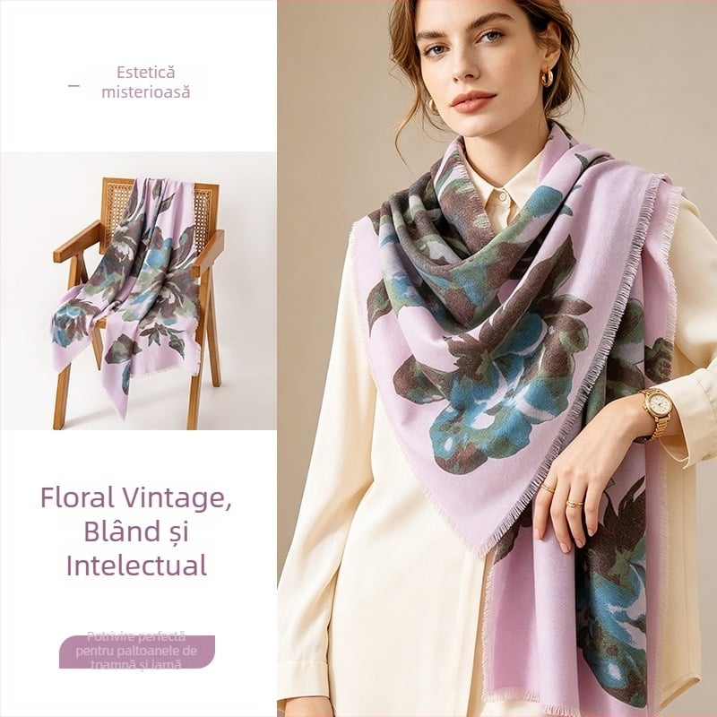 Șal lung mov cu imprimeu, din poliester, ușor și elegant, accesoriu pentru toamnă-iarnă