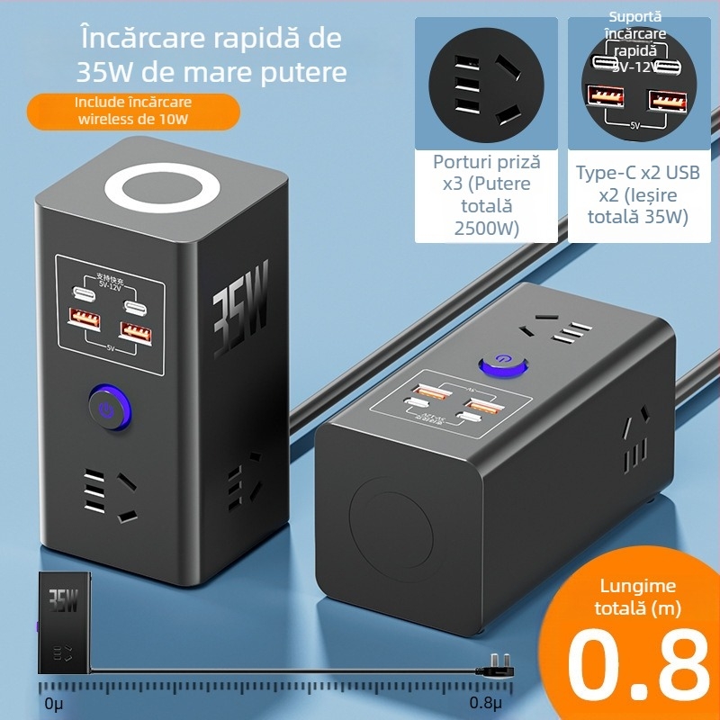 Priză inteligentă cu încărcare wireless pentru telefon, multifuncțională, USB încărcare rapidă, prelungitor pentru uz casnic sau cămin