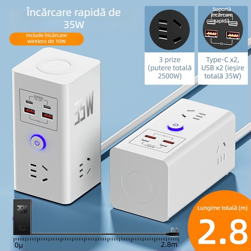 Priză inteligentă cu încărcare wireless pentru telefon, multifuncțională, USB încărcare rapidă, prelungitor pentru uz casnic sau cămin