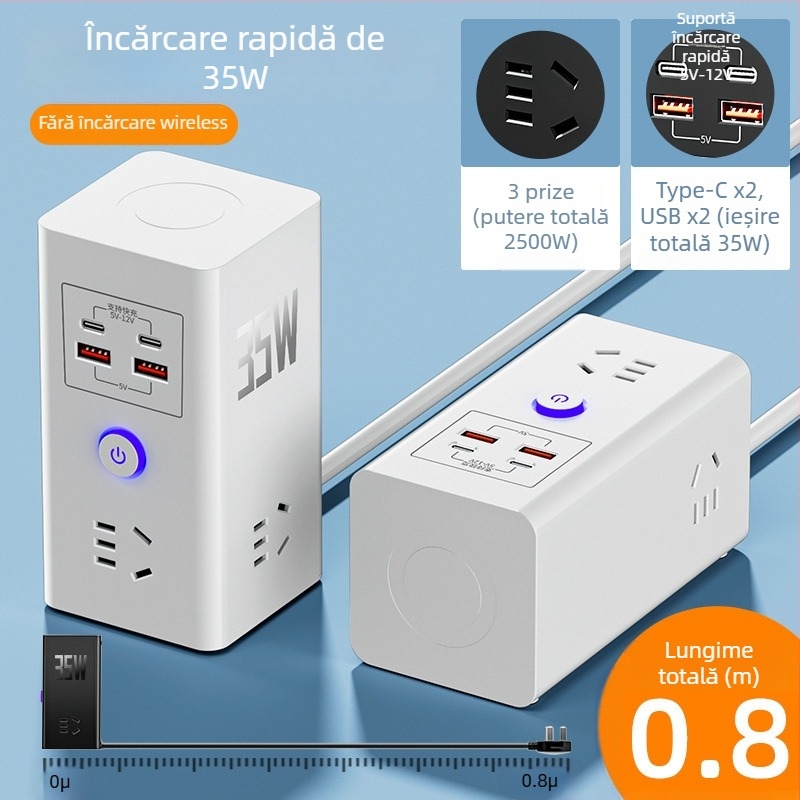 Priză inteligentă cu încărcare wireless pentru telefon, multifuncțională, USB încărcare rapidă, prelungitor pentru uz casnic sau cămin
