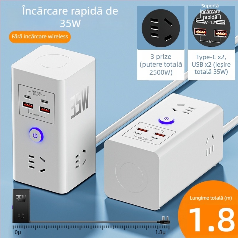 Priză inteligentă cu încărcare wireless pentru telefon, multifuncțională, USB încărcare rapidă, prelungitor pentru uz casnic sau cămin