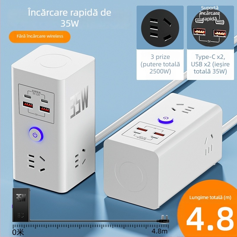 Priză inteligentă cu încărcare wireless pentru telefon, multifuncțională, USB încărcare rapidă, prelungitor pentru uz casnic sau cămin