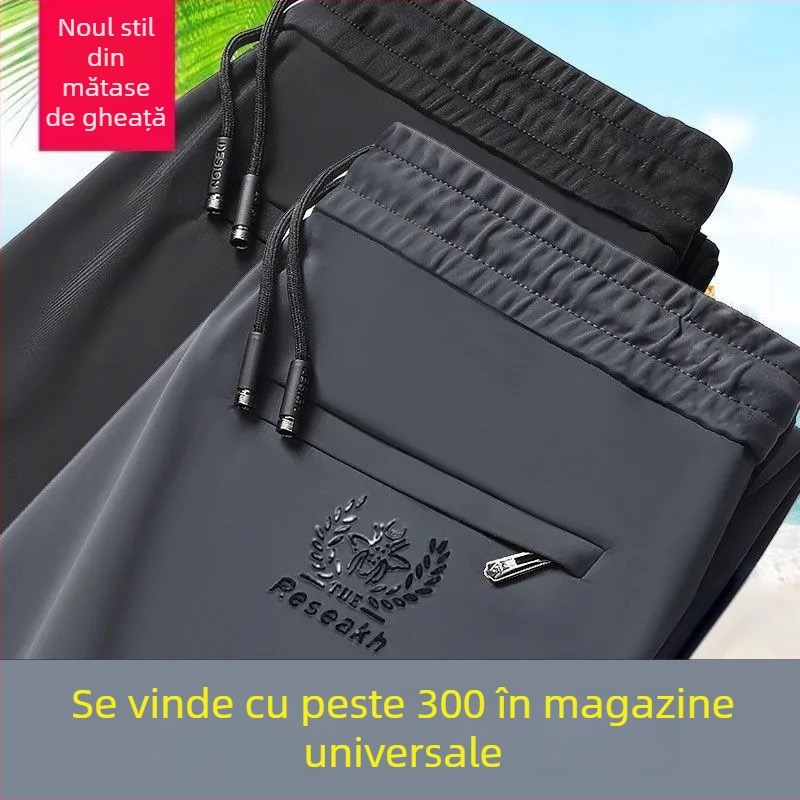 Pantaloni bărbați din ice silk, talie elastică, croi lejer, pantaloni sport subțiri casual de vară