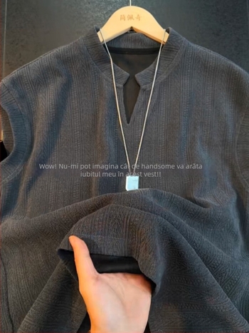 Maieu masculin gri închis, decolteu în V, cu model de spic de grâu, vară, croială lejeră
