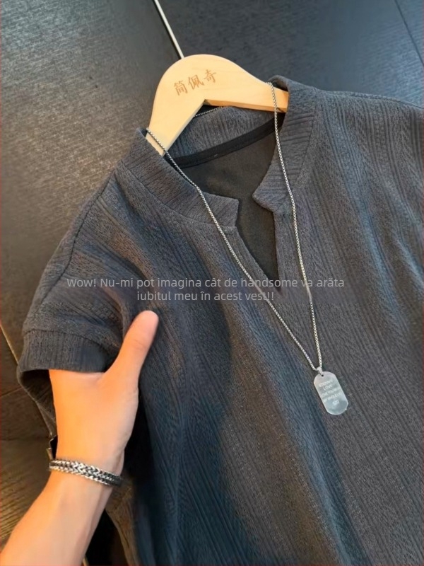 Maieu masculin gri închis, decolteu în V, cu model de spic de grâu, vară, croială lejeră