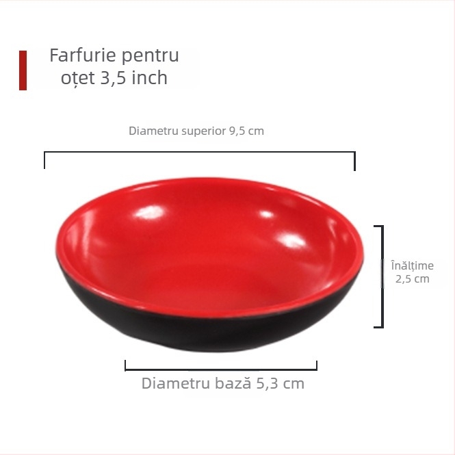 Veselă melamină cu aspect porțelan: boluri pentru dip la hot pot, boluri pentru sosuri, boluri pentru sos de soia și oțet, ceașcă de apă roșu-negru, farfurii rotunde pentru preparate reci