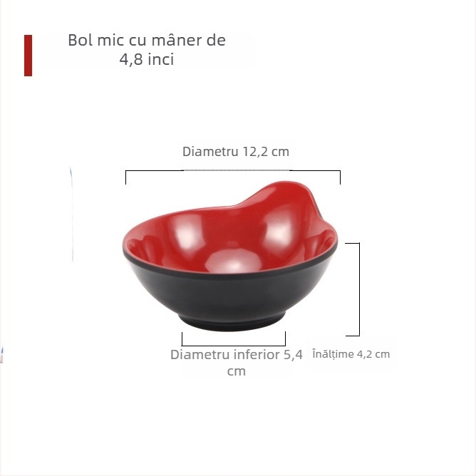 Veselă melamină cu aspect porțelan: boluri pentru dip la hot pot, boluri pentru sosuri, boluri pentru sos de soia și oțet, ceașcă de apă roșu-negru, farfurii rotunde pentru preparate reci