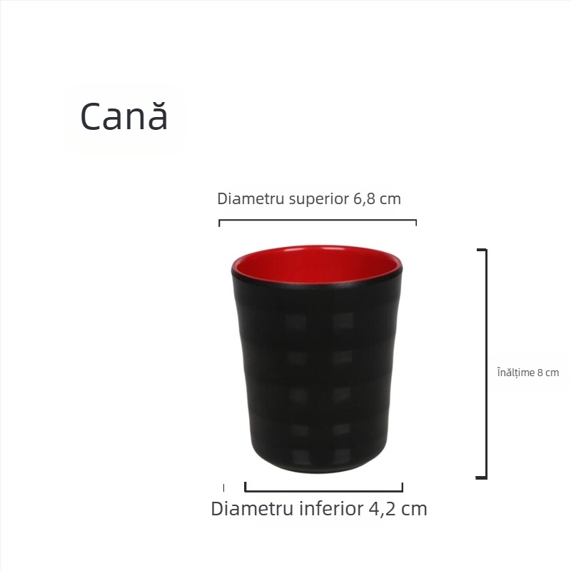 Veselă melamină cu aspect porțelan: boluri pentru dip la hot pot, boluri pentru sosuri, boluri pentru sos de soia și oțet, ceașcă de apă roșu-negru, farfurii rotunde pentru preparate reci