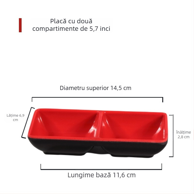 Veselă melamină cu aspect porțelan: boluri pentru dip la hot pot, boluri pentru sosuri, boluri pentru sos de soia și oțet, ceașcă de apă roșu-negru, farfurii rotunde pentru preparate reci