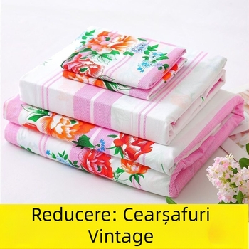 Set de cearșafuri și husă de pilotă în stil Shanghai, vintage, gros pentru paturi duble și single, imprimeu vegetal, țesătură simplă, fibră sintetică.