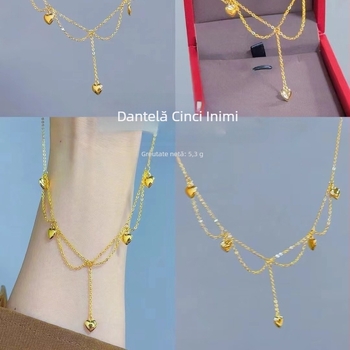 Colier din dantelă auriu, cinci inimi, lungime reglabilă 21–50 cm