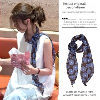 Șal de mătase în stil coreean, imprimeu albastru retro, dulce și răcoros, modă de înaltă clasă, accesoriu versatil și elegant pentru femei