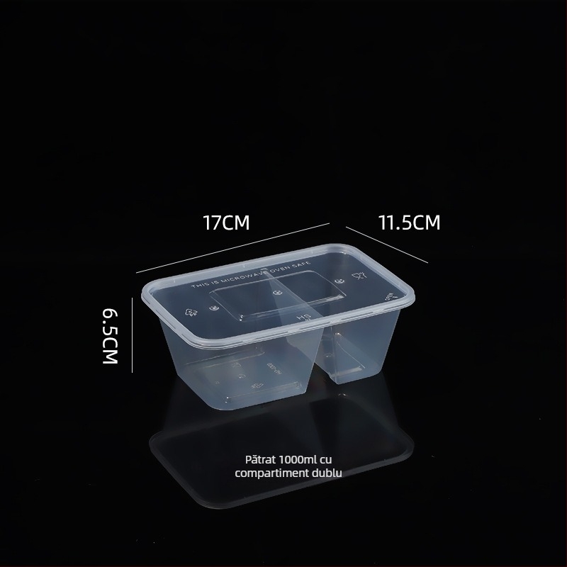 Cutie de mâncare cu două compartimente, de unică folosință, pentru takeout, din plastic transparent, rezistent, de calitate alimentară, cu capac
