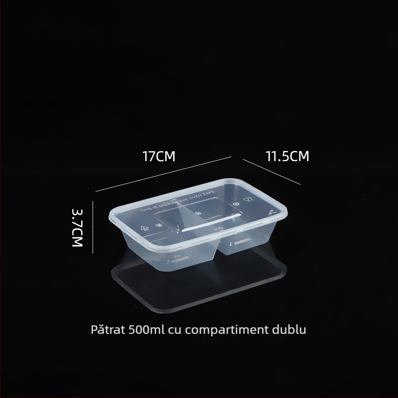 Cutie de mâncare cu două compartimente, de unică folosință, pentru takeout, din plastic transparent, rezistent, de calitate alimentară, cu capac