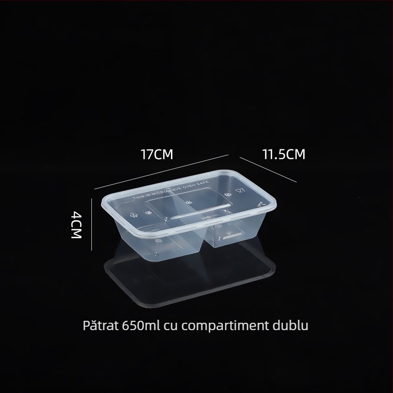 Cutie de mâncare cu două compartimente, de unică folosință, pentru takeout, din plastic transparent, rezistent, de calitate alimentară, cu capac