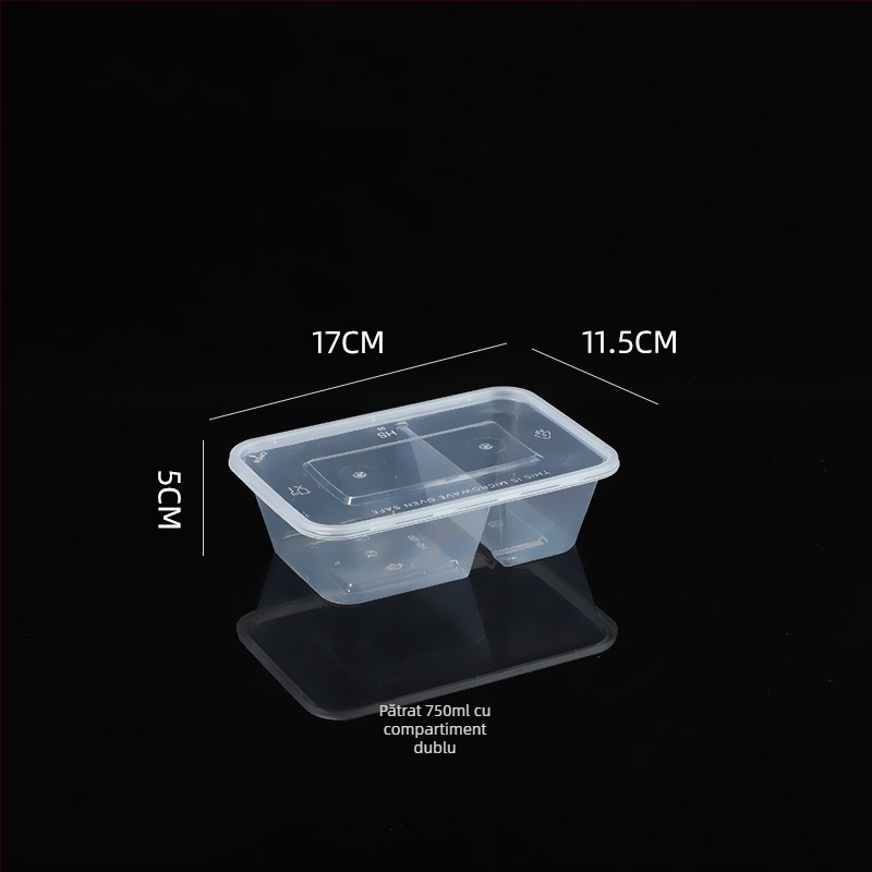 Cutie de mâncare cu două compartimente, de unică folosință, pentru takeout, din plastic transparent, rezistent, de calitate alimentară, cu capac