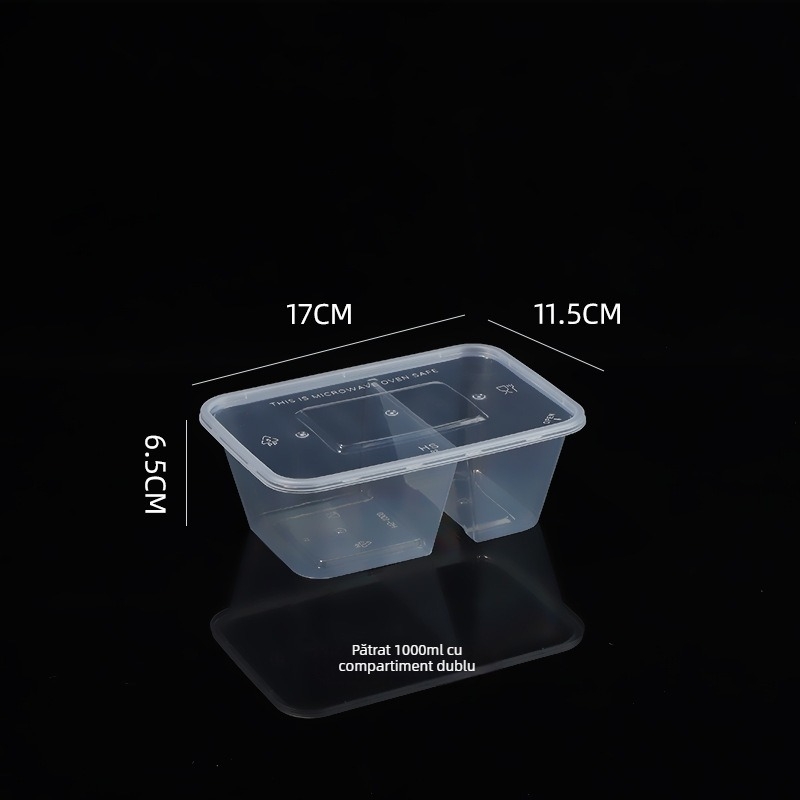 Cutie de mâncare cu două compartimente, de unică folosință, pentru takeout, din plastic transparent, rezistent, de calitate alimentară, cu capac