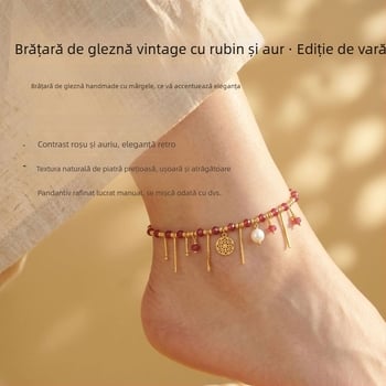 Gleznă placată cu nuanţă aurie, zircon roșu, perlă şi zircon albastru, design de nișă, clasic şi modern, versatil pentru purtare zilnică