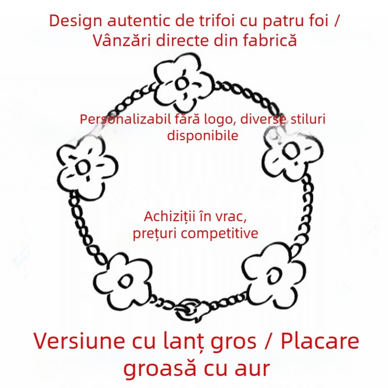Brățară pentru femei din carnelian 18K, cu trifoi cu patru foi și floare cu cinci petale, design minimalist îngroșat