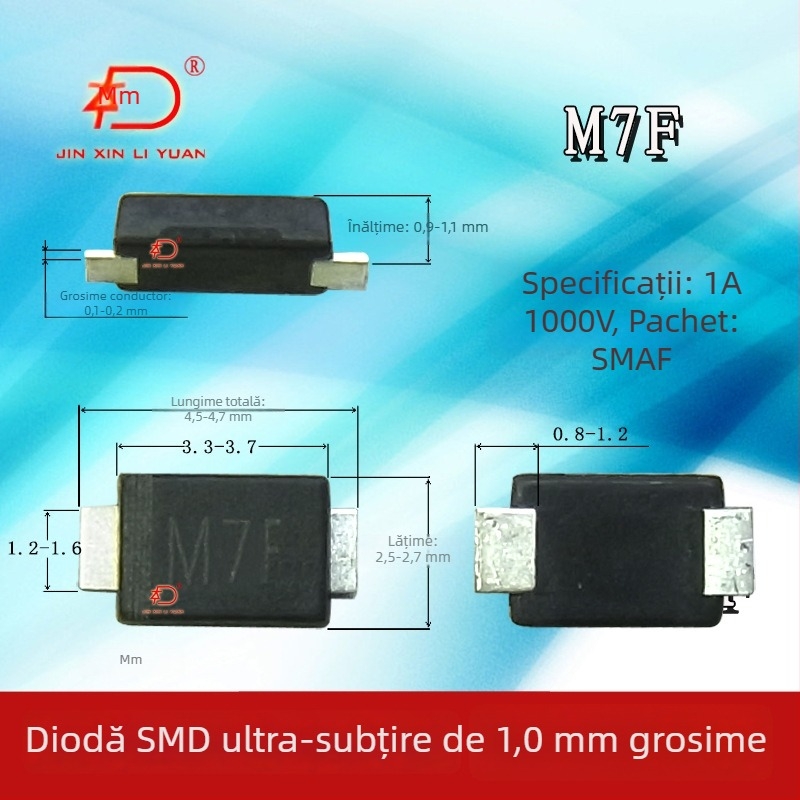Diodă M7/M7F, ultra-subțire, 1,0 mm grosime, ambalaj SMAF, 1 A, 1000 V, VF < 1,0 V, IR < 3 mA