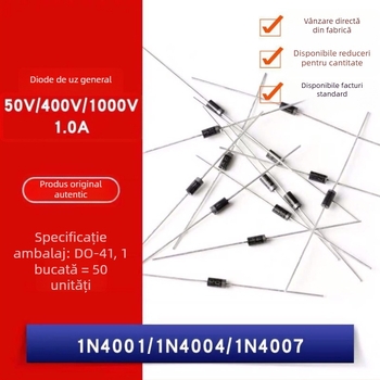Diodă rectificatoare 1N4007, montaj prin găuri, 45 mm lungime a tijelor, calitate stabilă