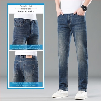 Jeanși bărbătești cu croială dreaptă din denim, elastici, bumbac, primăvară-vară, casual