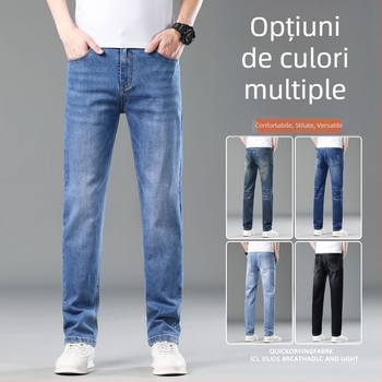 Jeanși bărbătești cu croială dreaptă din denim, elastici, bumbac, primăvară-vară, casual