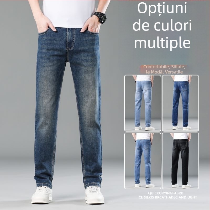Jeanși bărbătești cu croială dreaptă din denim, elastici, bumbac, primăvară-vară, casual
