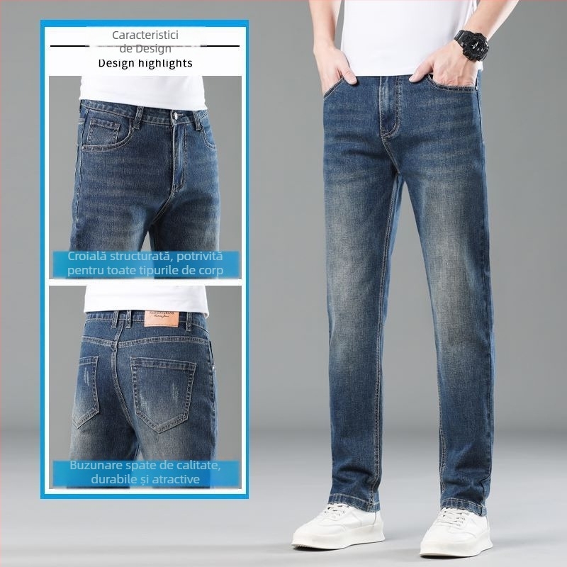Jeanși bărbătești cu croială dreaptă din denim, elastici, bumbac, primăvară-vară, casual