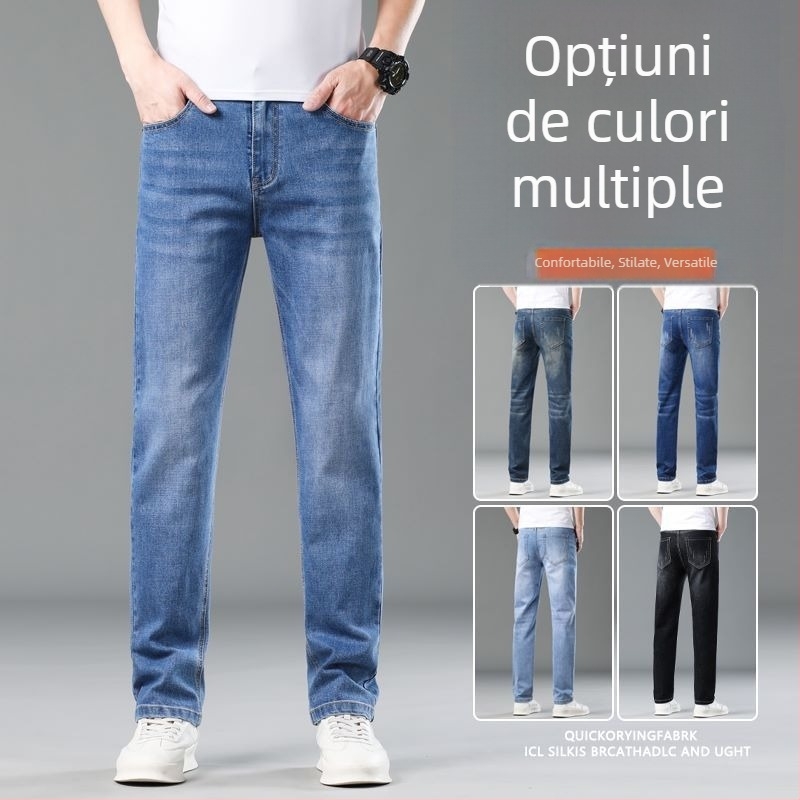 Jeanși bărbătești cu croială dreaptă din denim, elastici, bumbac, primăvară-vară, casual