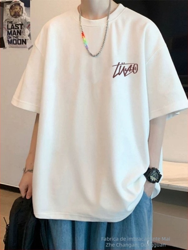 Tricou bărbați cu mânecă scurtă, vară 2026, guler rotund, bumbac piqué, imprimare cu litere, croi lejer