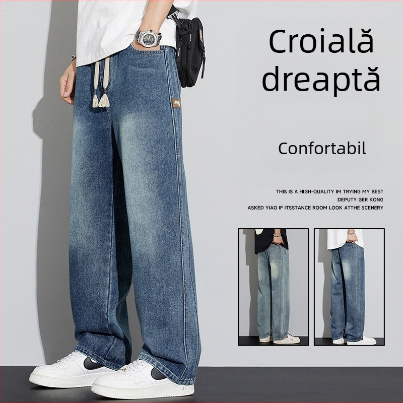 Blugi bărbătești drepti, model nou 2025, croială lejeră, talie elastică cu șnur, casual, pantaloni lungi cu croială largă