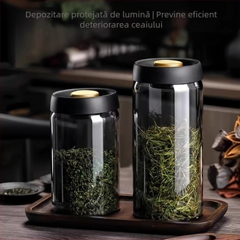 Recipient din sticlă vidat pentru boabe de cafea și frunze de ceai, clasă alimentară, protejat de lumină, rezistent la umezeală, borosilicat, recipient sigilat