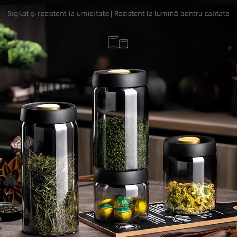 Recipient din sticlă vidat pentru boabe de cafea și frunze de ceai, clasă alimentară, protejat de lumină, rezistent la umezeală, borosilicat, recipient sigilat