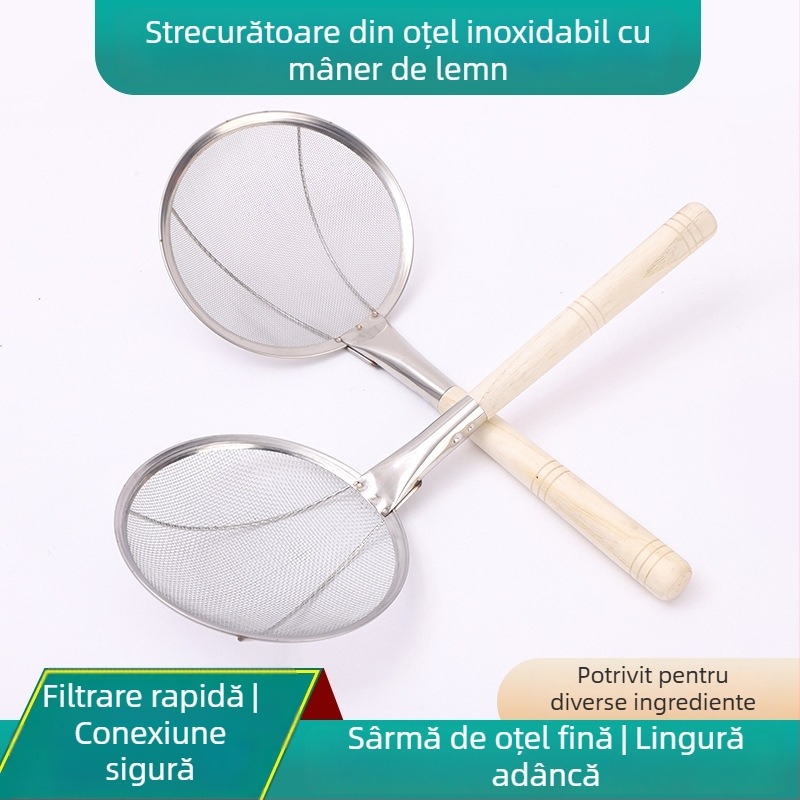 Sită de ulei cu mâner din lemn, oțel inoxidabil cu plasă fină, lingură filtrantă pentru ulei, controlul uleiului, protecție împotriva stropirilor
