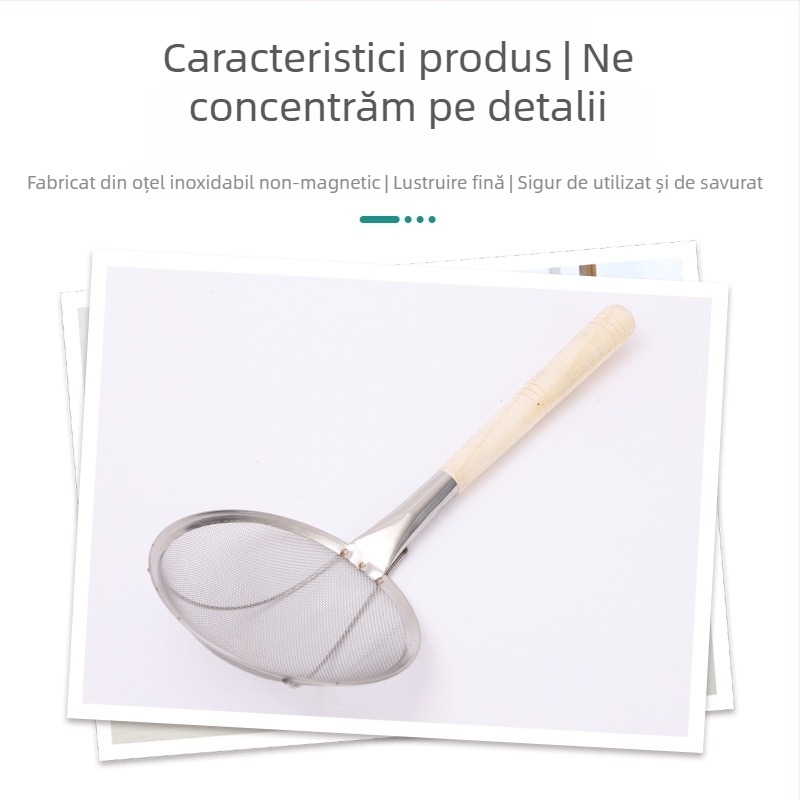 Sită de ulei cu mâner din lemn, oțel inoxidabil cu plasă fină, lingură filtrantă pentru ulei, controlul uleiului, protecție împotriva stropirilor