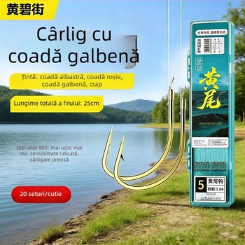 Set cu două cârlige pentru linie subțire, lungime 25 cm, coadă galbenă și cârlige roșii cu pinten