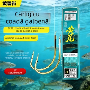 Set cu două cârlige pentru linie subțire, lungime 25 cm, coadă galbenă și cârlige roșii cu pinten