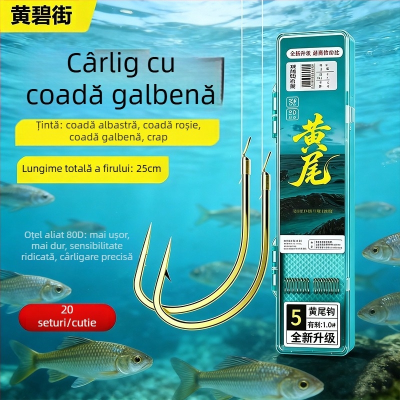 Set cu două cârlige pentru linie subțire, lungime 25 cm, coadă galbenă și cârlige roșii cu pinten