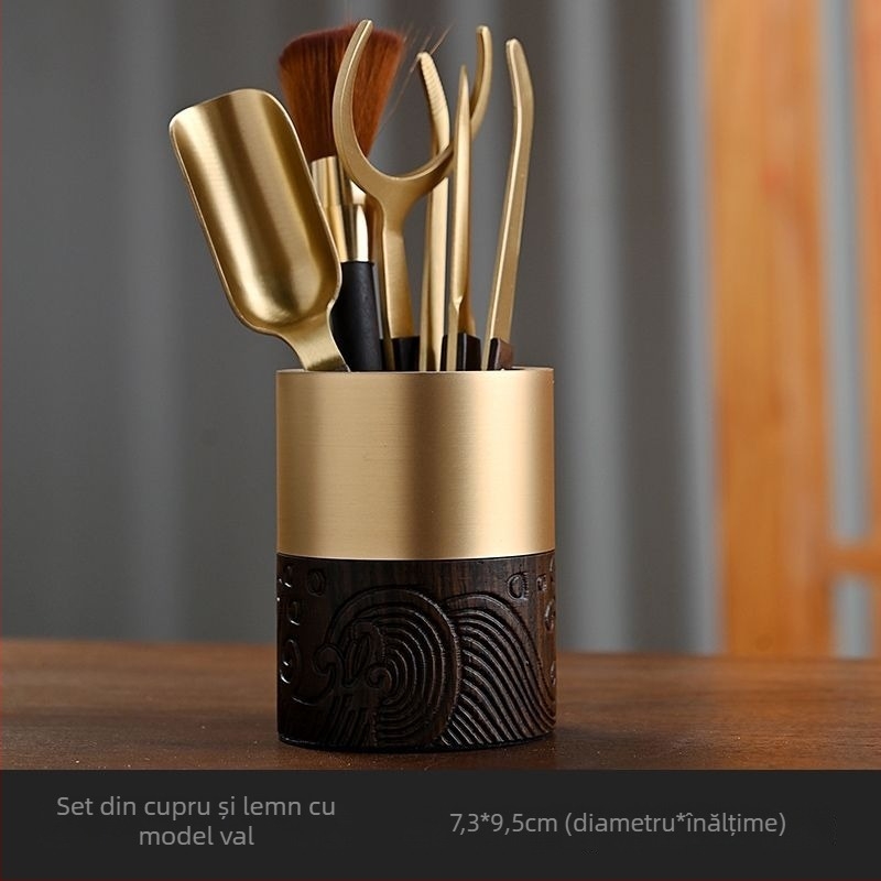 Set ceremonie ceai din cupru și lemn, lemn de santal negru, set Gong Fu din lemn masiv cu accesorii: clips pentru ceai, ac pentru ceai, instrumente de preparare a ceaiului și linguriță de ceai