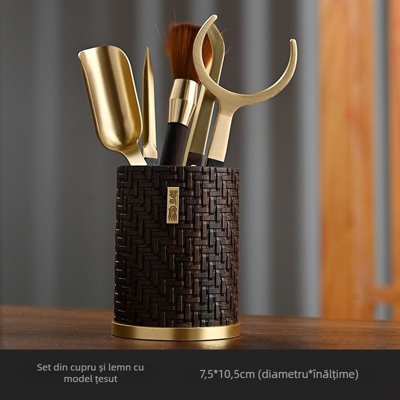 Set ceremonie ceai din cupru și lemn, lemn de santal negru, set Gong Fu din lemn masiv cu accesorii: clips pentru ceai, ac pentru ceai, instrumente de preparare a ceaiului și linguriță de ceai